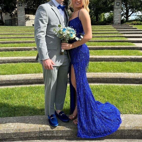 Amarra Cobalt Blue Beaded Dangles Spaghetti Strap Gown Women’s Size 2 Prom Dress - Picture 7 of 15